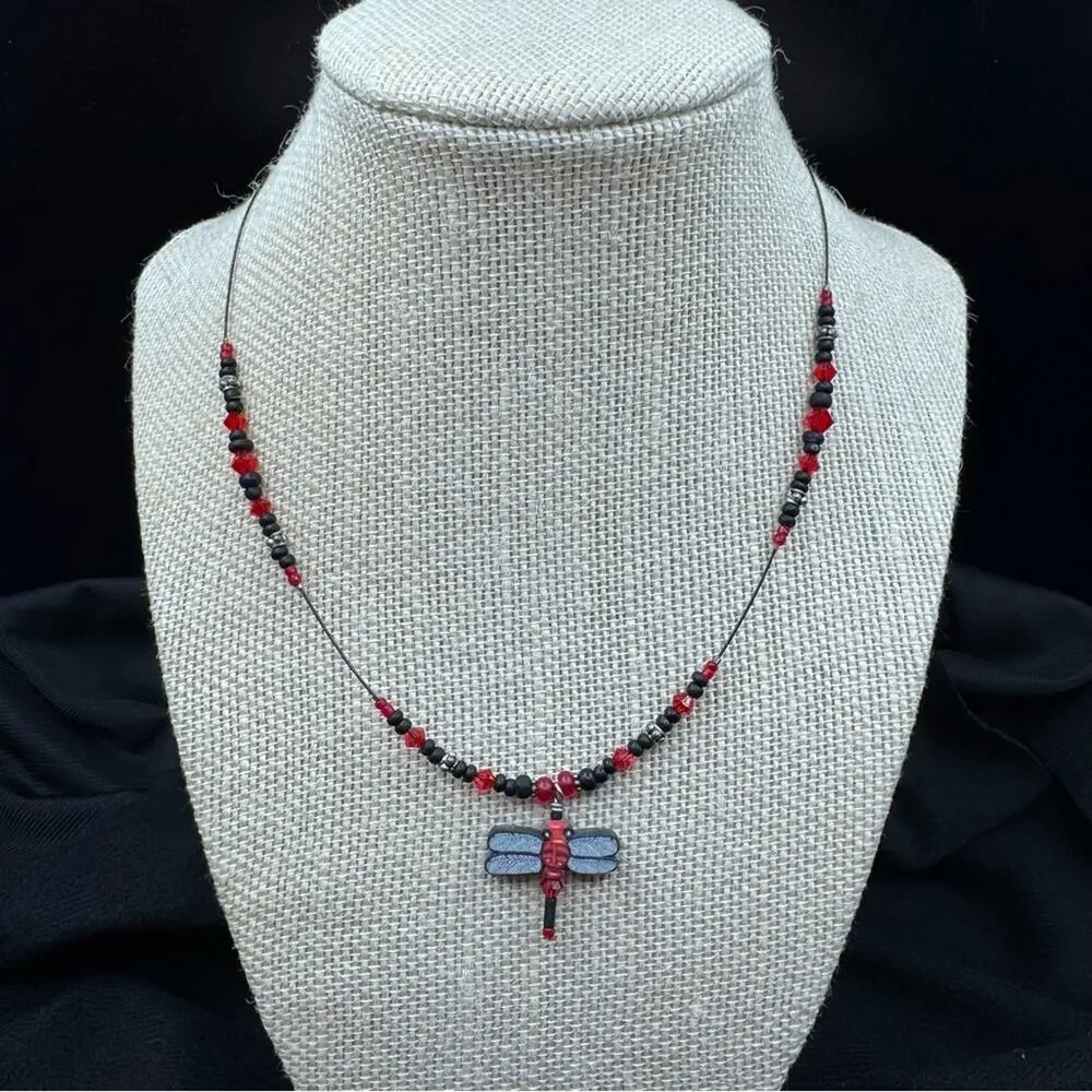 Dragonfly Pendant Beaded Necklace with Red and Black Beads Artsy Jewelery
